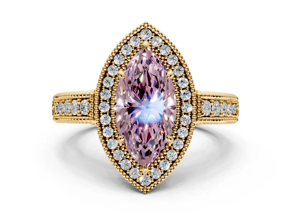 Milgrain Halo Engagement Ring Setting for Fancy Pink Marquise Center with Pave Band and Prong Head in Yellow Gold