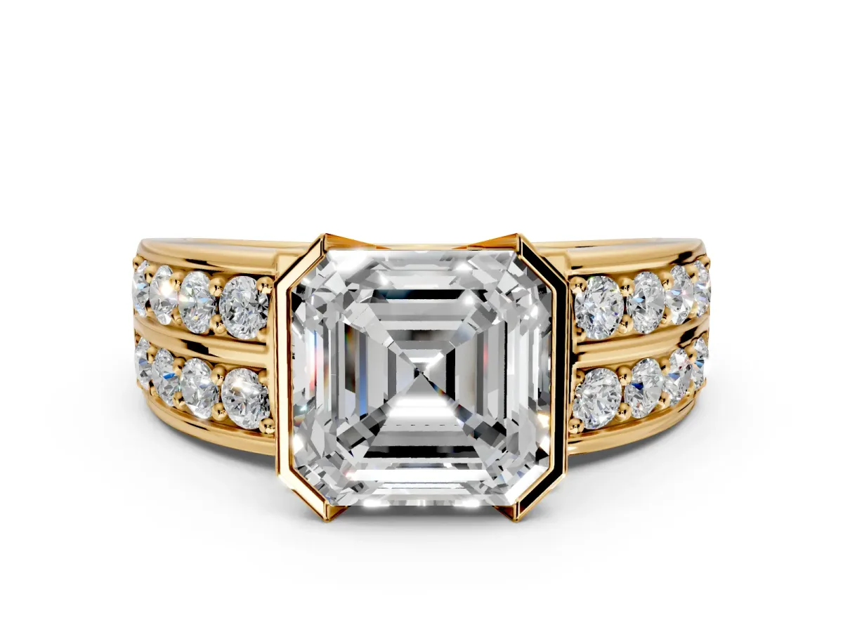 Bezel Engagement Ring Setting for Asscher Cut Center with Wide Channel-Set Band and Bezel Head in Yellow Gold