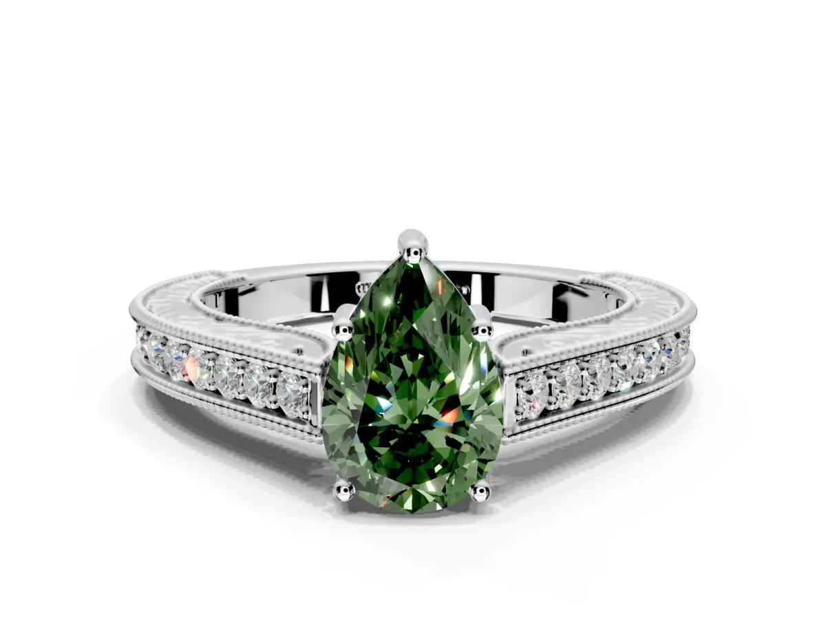 Solitaire Engagement Ring Setting for Fancy Green Pear-Shaped Center with Engraved Pave Band and Prong Head in Sterling Silver