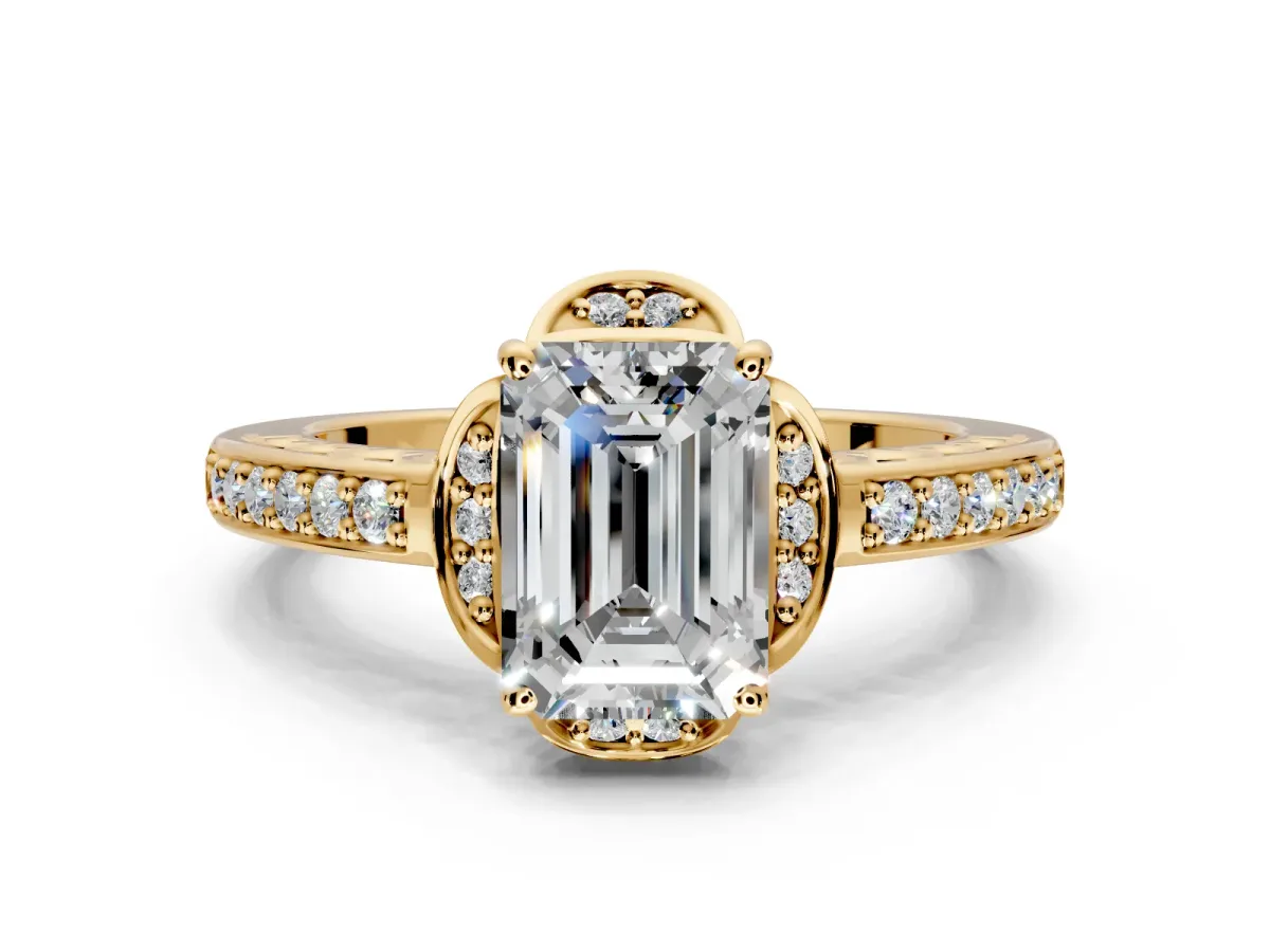 Floral Engagement Ring Setting for Emerald Cut Center with Four Accent Clusters and Prong Head in Yellow Gold