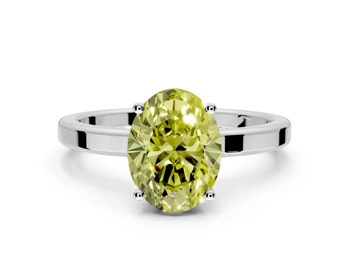 Hidden Halo Engagement Ring Setting for Fancy Yellow Oval Center with Wide Flat Plain Band and Prong Head in Platinum