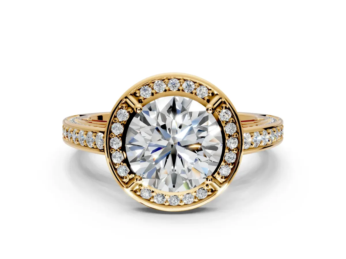 Halo Engagement Ring Setting for Round Cut Center with Framed Halo, Pave Band and Prong Head in Yellow Gold