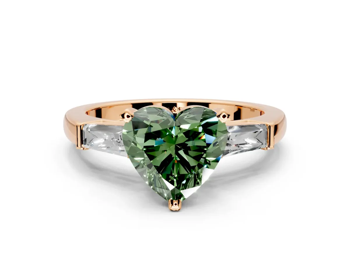 3 Stone Engagement Ring Setting for Fancy Green Heart-Shaped Center with Tapered Baguettes, Plain Band and Prong Head in Rose Gold