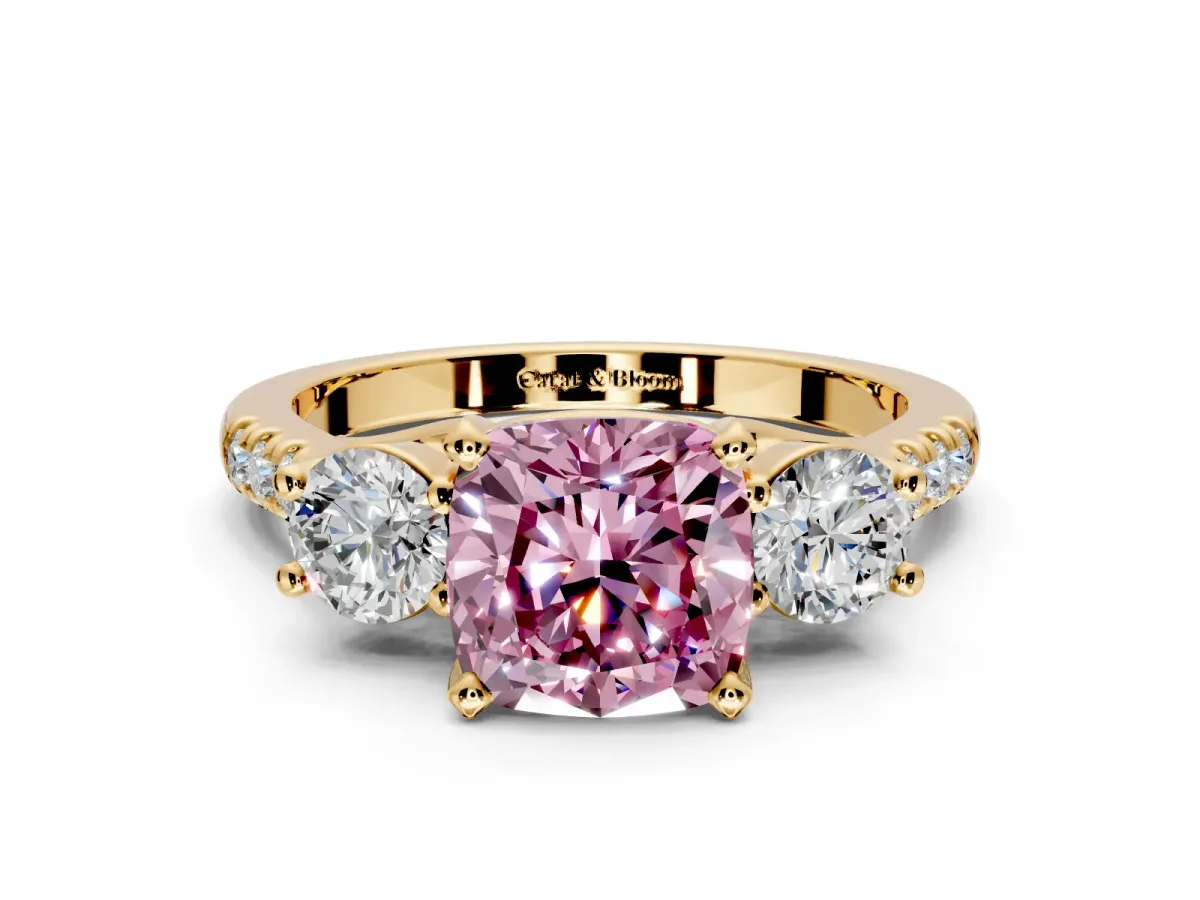 3 Stone Engagement Ring Setting for Fancy Pink Cushion Cut Center with Crossover Basket, Pave Band and Prong Head in Yellow Gold