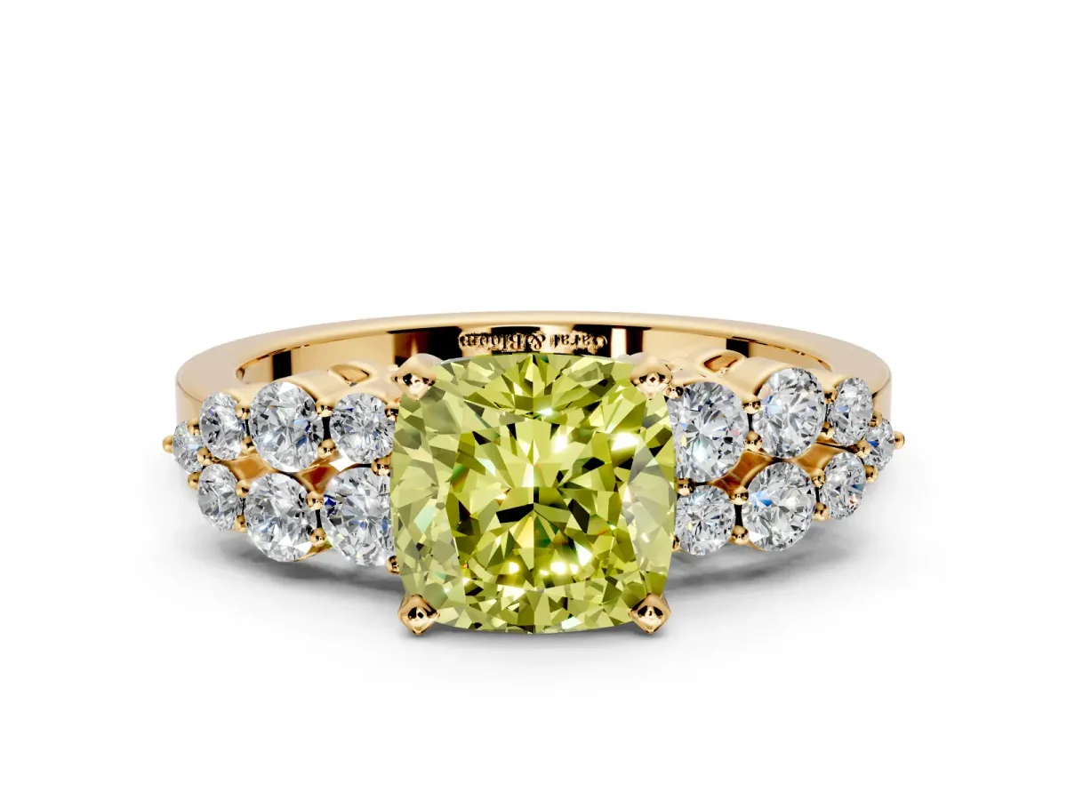 Cluster Engagement Ring Setting for Fancy Yellow Cushion Cut Center with 2-Row Shoulder Clusters and Prong Head in Yellow Gold