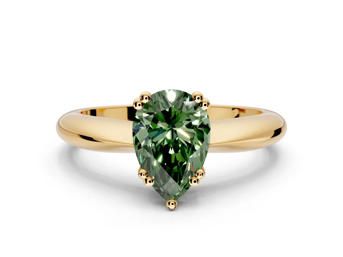 Solitaire Engagement Ring Setting for Fancy Green Pear-Shaped Center with Reverse Tapered Band and Prong Head in Yellow Gold