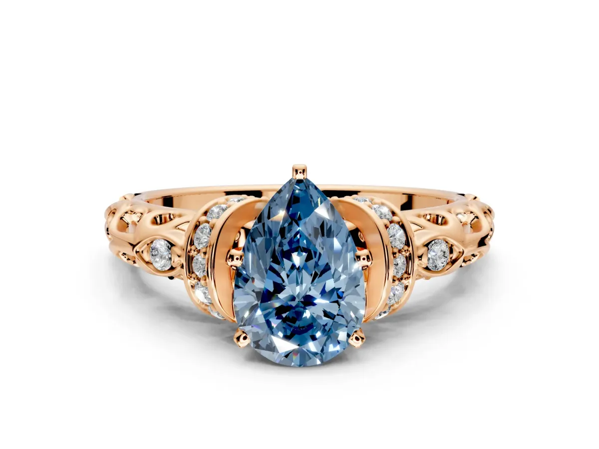 Solitaire Engagement Ring Setting for Fancy Blue Pear-Shaped Center with Filigree Band and Prong Head in Rose Gold