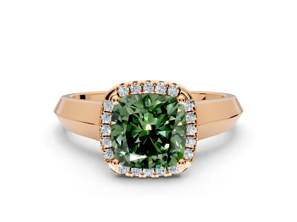Halo Engagement Ring Setting for Fancy Green Cushion Cut Center with Knife Ridge Cathedral Band and Prong Head in Rose Gold