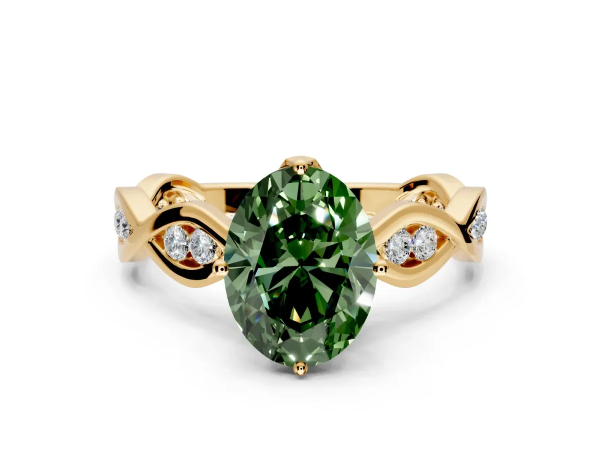 Solitaire Engagement Ring Setting for Fancy Green Oval Center with Accented Twist Band and Leaf Prong Head in Yellow Gold