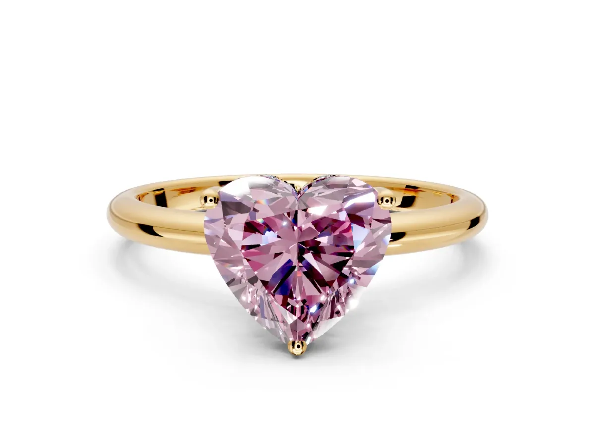 Hidden Halo Engagement Ring Setting for Fancy Pink Heart-Shaped Center with Thin Round-Wire Band and Prong Head in Yellow Gold