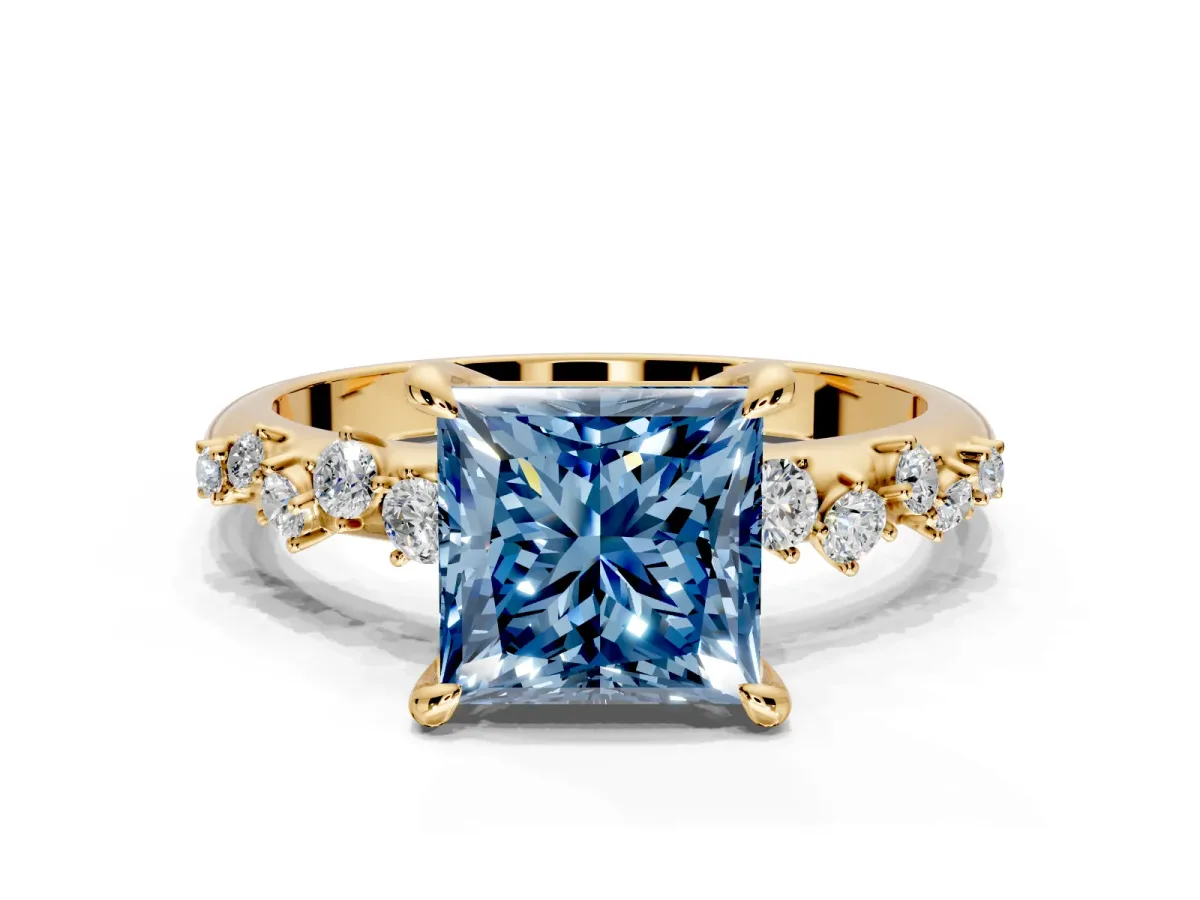 Solitaire Engagement Ring Setting for Fancy Blue Princess Cut Center with Trailing Leaf Accent Band and Prong Head in Yellow Gold