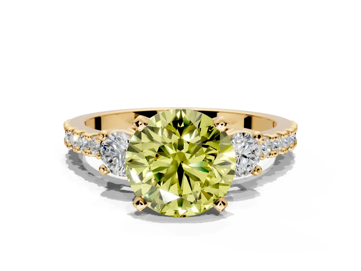3 Stone Engagement Ring Setting for Fancy Yellow Round Cut Center with Round Cut Side Accents and Prong Head in Yellow Gold
