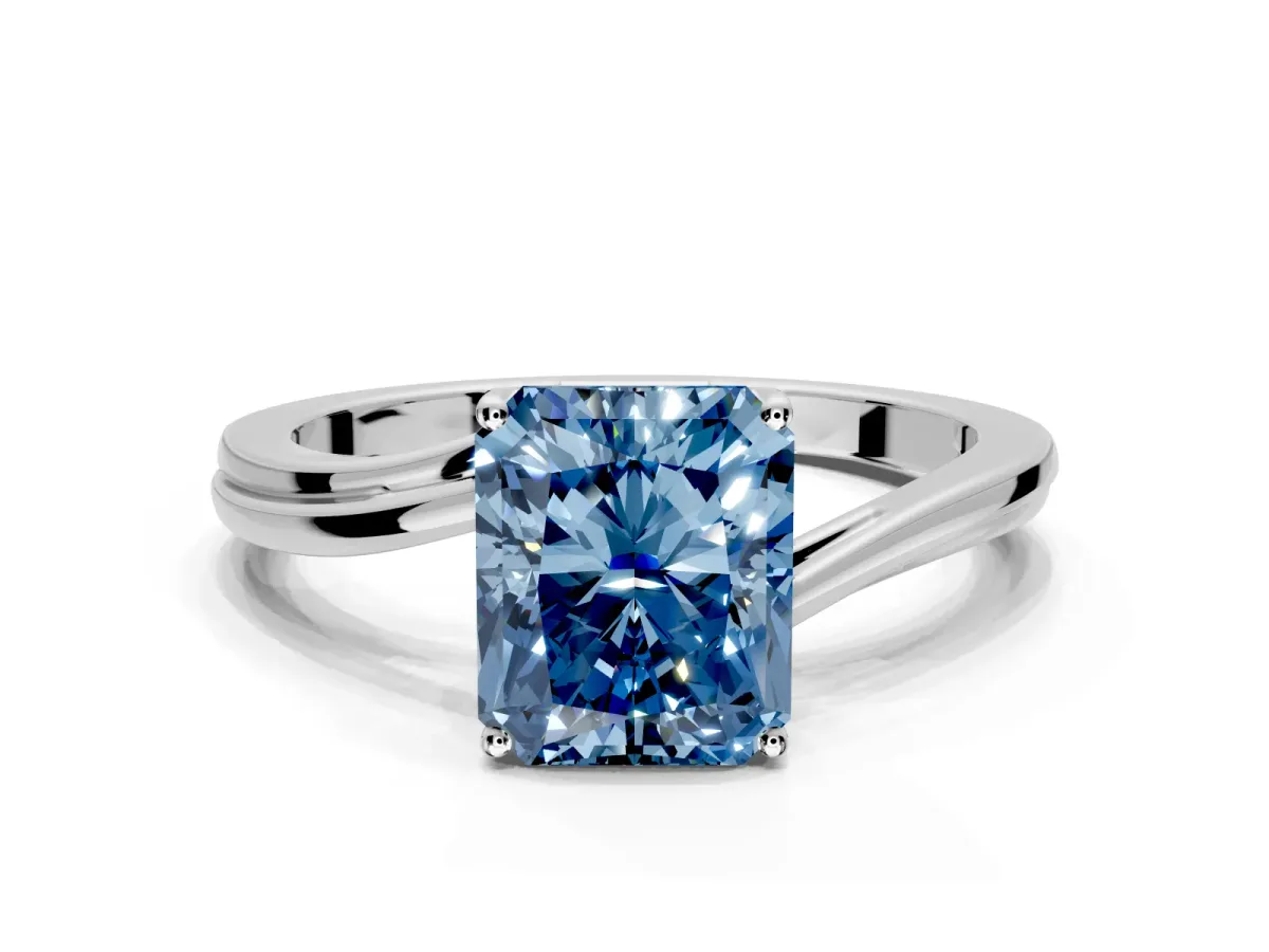 Solitaire Engagement Ring Setting for Fancy Blue Radiant Cut Center with Plain Bypass Twist Band and Prong Head in Sterling Silver