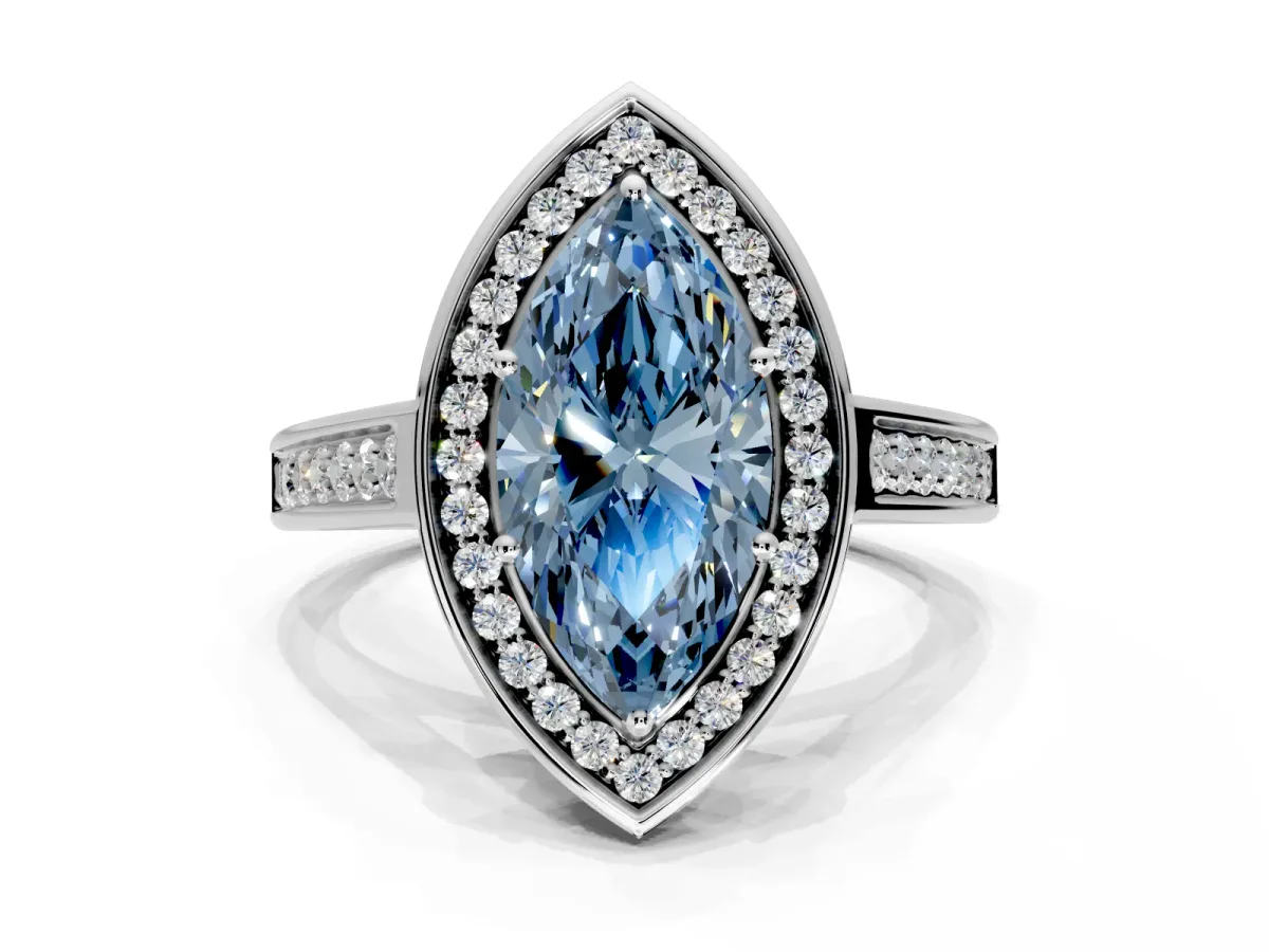 Halo Engagement Ring Setting for Fancy Blue Marquise Center with Outer Bezel Rim, Pave Band and Prong Head in Sterling Silver
