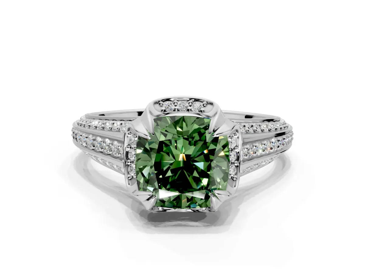Solitaire Engagement Ring Setting for Fancy Green Cushion Cut Center with Accented Split Shank and Prong Head in White Gold
