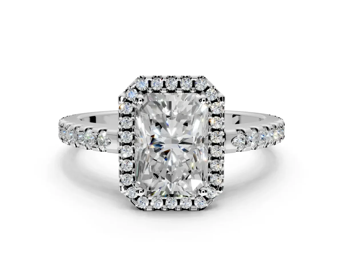 Accent Halo Engagement Ring Setting for Radiant Cut Center with Full-Length Pave Band and Prong Head in Platinum