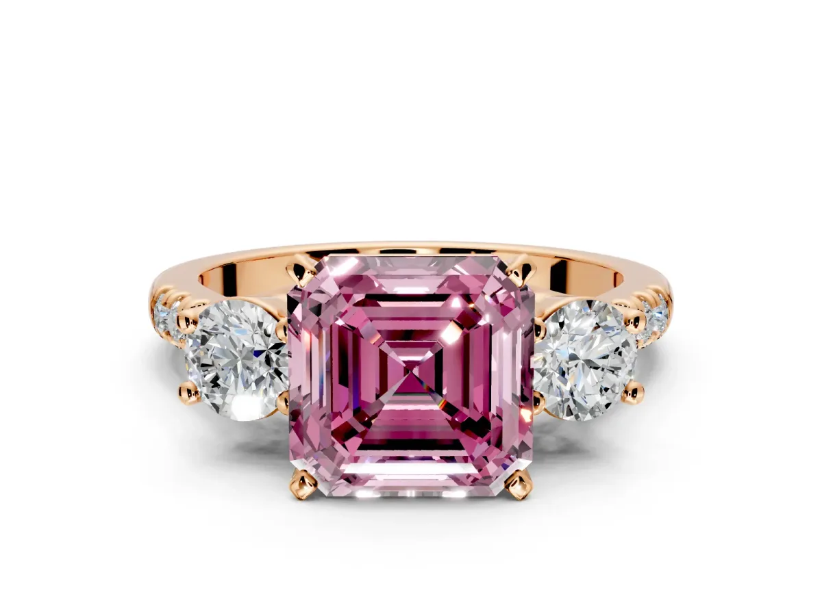 3 Stone Engagement Ring Setting for Fancy Pink Asscher Cut Center with Crossover Basket, Pave Band and Prong Head in Rose Gold