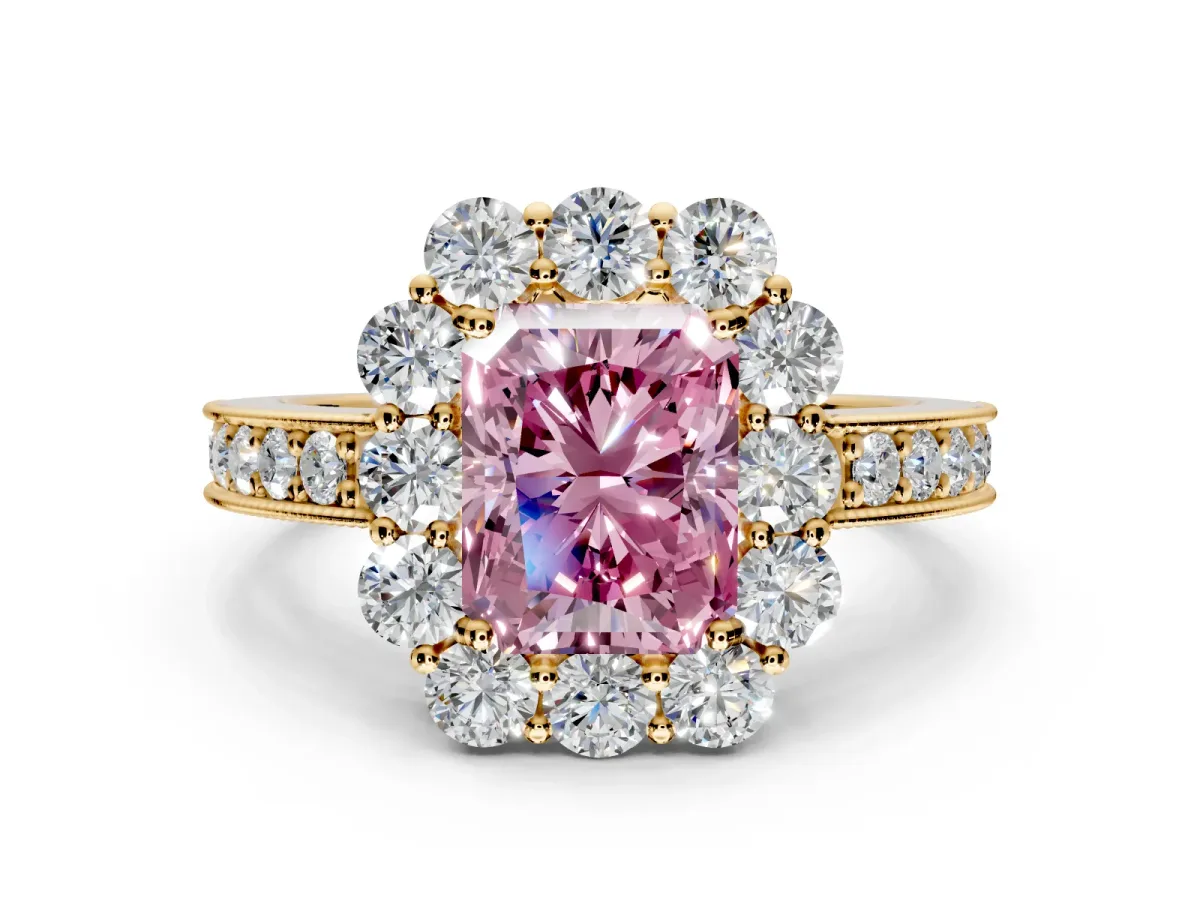 Halo Engagement Ring Setting for Fancy Pink Radiant Cut Center with Milgrain Channel Band and Prong Head in Yellow Gold