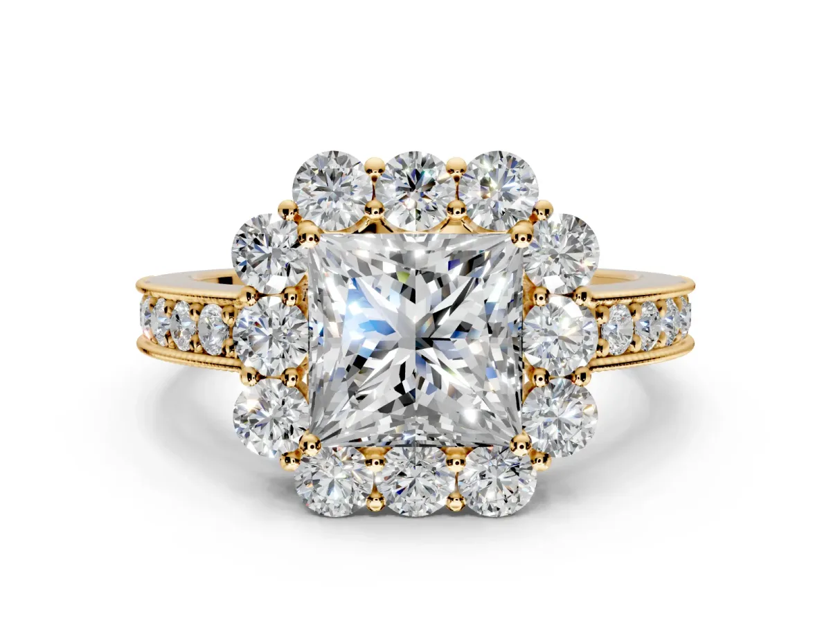 Halo Engagement Ring Setting for Princess Cut Center with Milgrain Channel Band and Prong Head in Yellow Gold