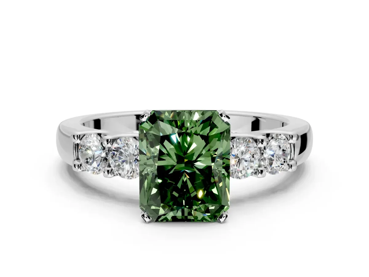 5 Stone Engagement Ring Setting for Fancy Green Radiant Cut Center with Plain Band and Prong Head in Platinum