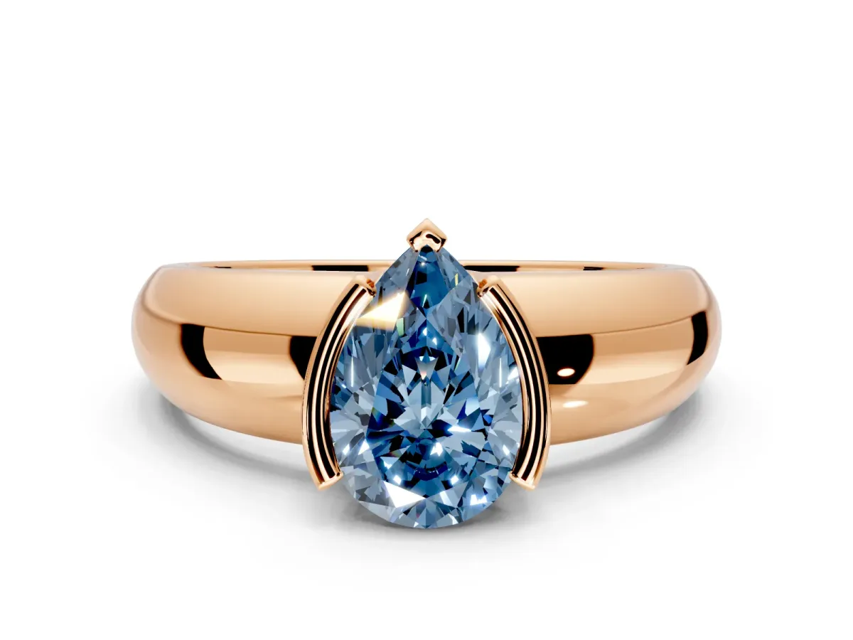 Tension Engagement Ring Setting for Fancy Blue Pear-Shaped Center with Wide Flat Band and Tension Head in Rose Gold