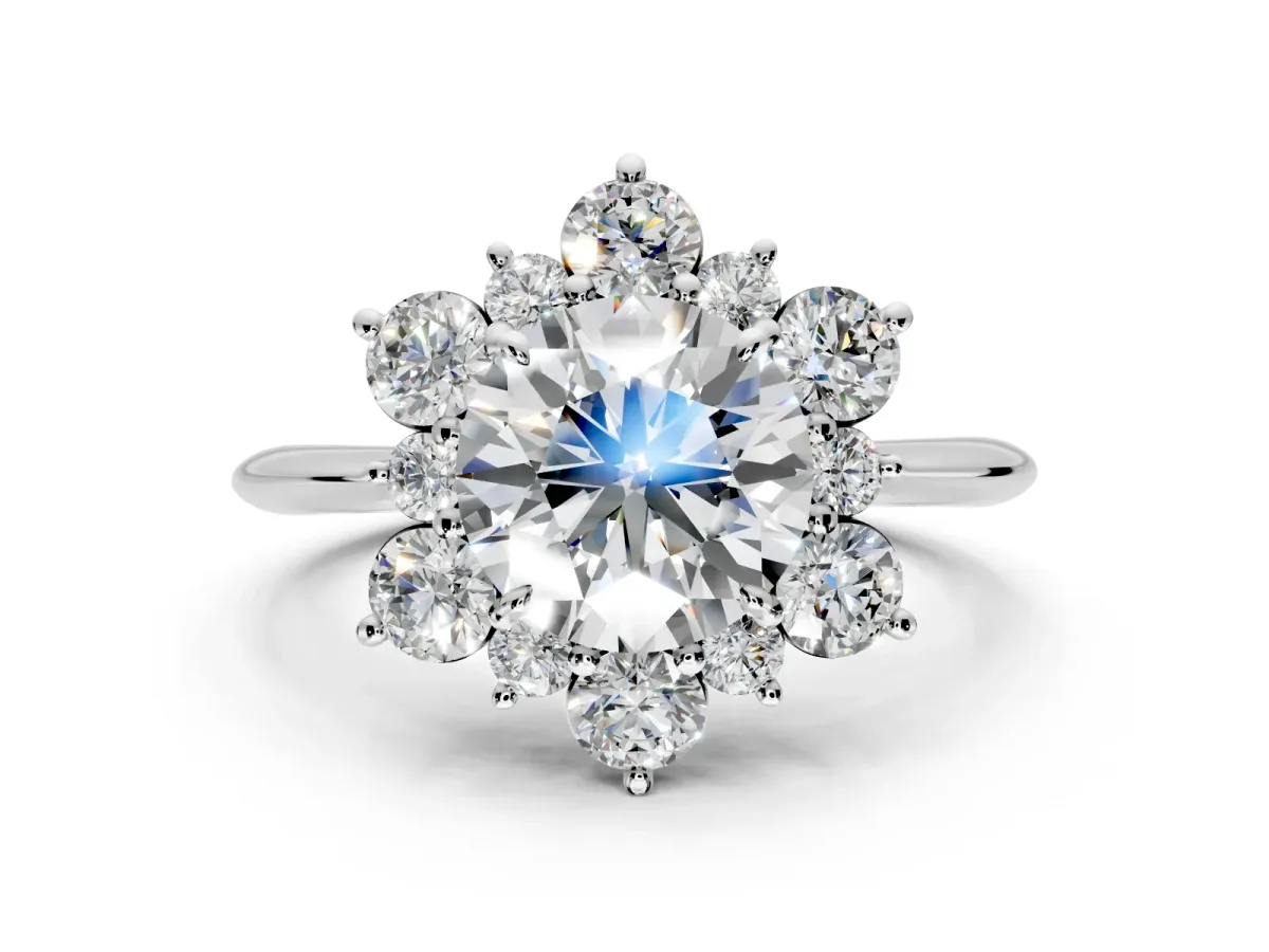 Small-Accent Cluster Halo Engagement Ring Setting for Round Cut Center with Plain Band and Prong Head in Platinum