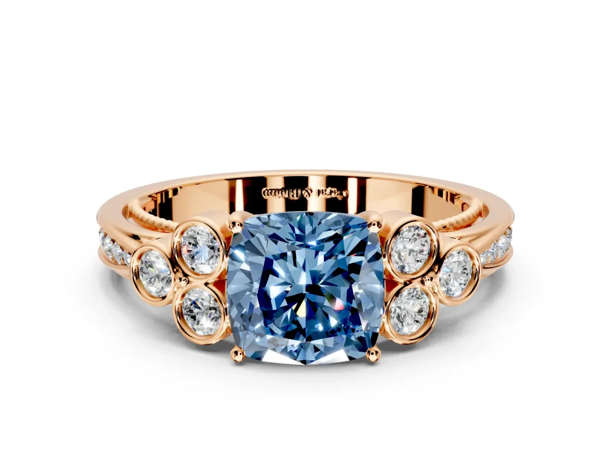 Cluster Engagement Ring Setting for Fancy Blue Cushion Cut Center with Bezel Accent Clusters and Prong Head in Rose Gold