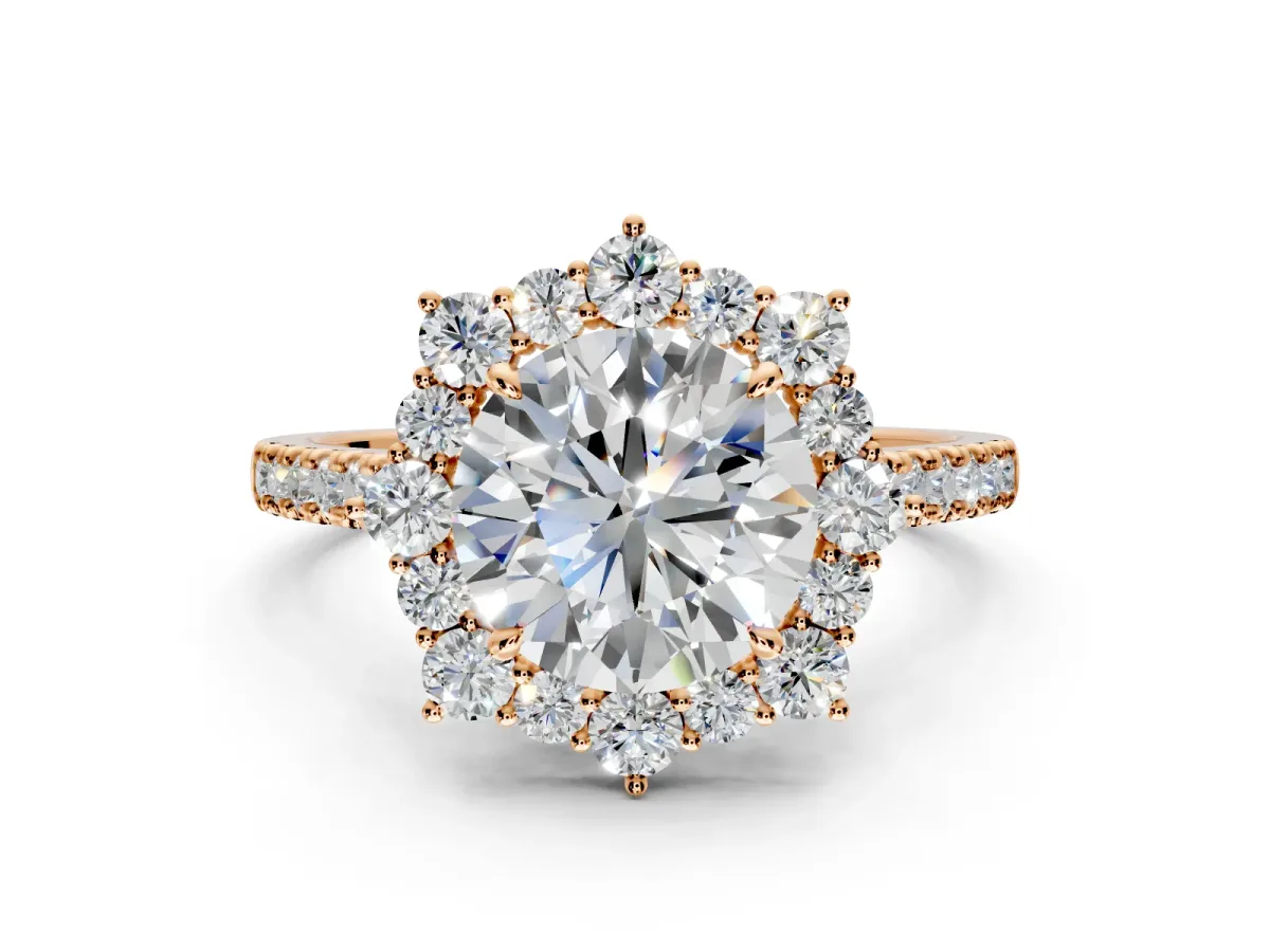 Halo Engagement Ring Setting for Round Cut Center with Single-Row Pave, Open Basket and Prong Head in Rose Gold