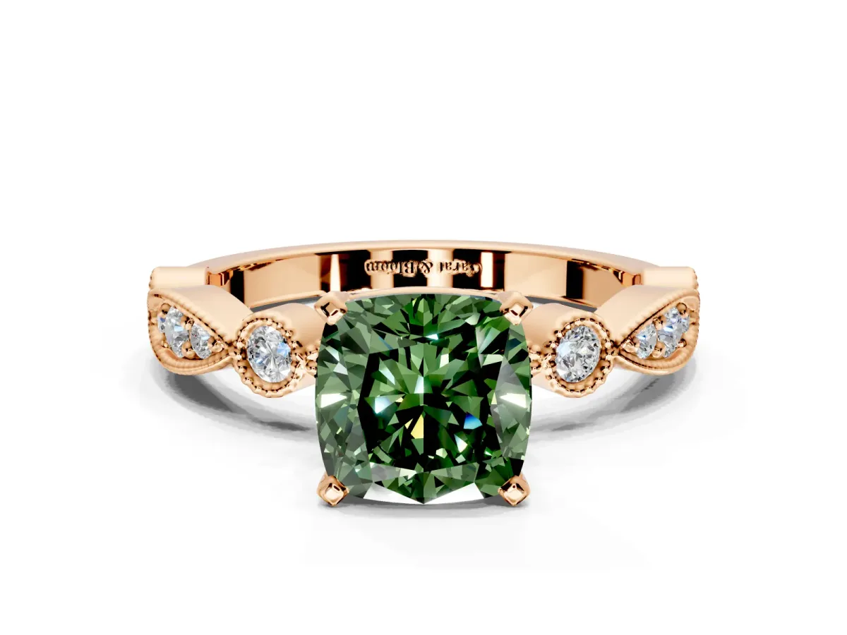 Solitaire Engagement Ring Setting for Fancy Green Cushion Cut Center with Milgrain Bezel Accents and Prong Head in Rose Gold