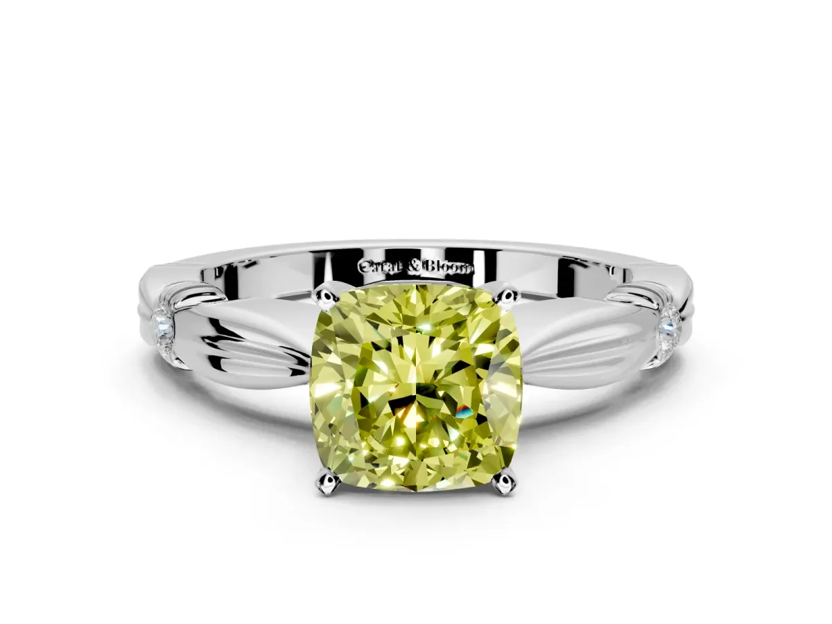 Solitaire Engagement Ring Setting for Fancy Yellow Cushion Cut Center with Carved Leaf Shoulders and Prong Head in Platinum