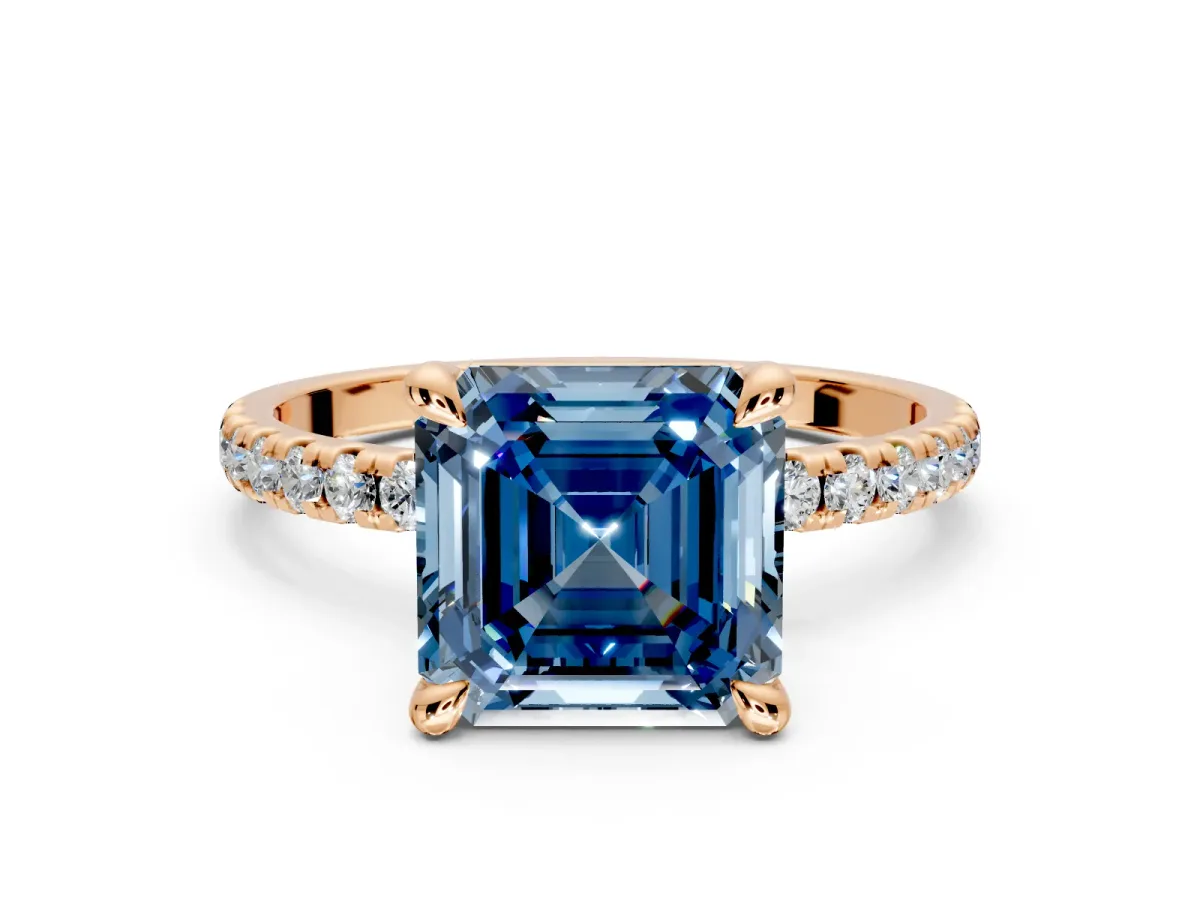 Solitaire Engagement Ring Setting for Fancy Blue Asscher Cut Center with Fine Pave Narrow Band and Prong Head in Rose Gold