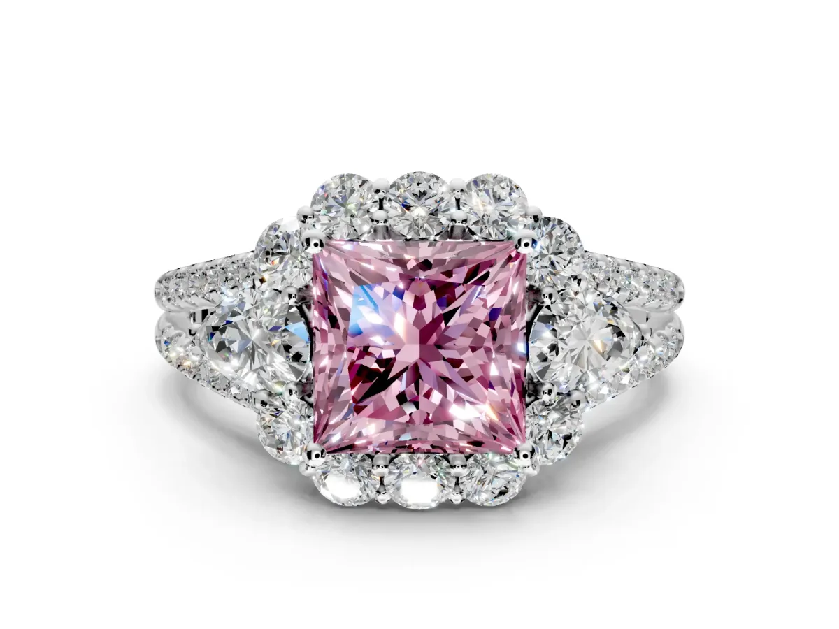 Halo Engagement Ring Setting for Fancy Pink Princess Cut Center with Two-Strand Split Shank and Prong Head in Platinum