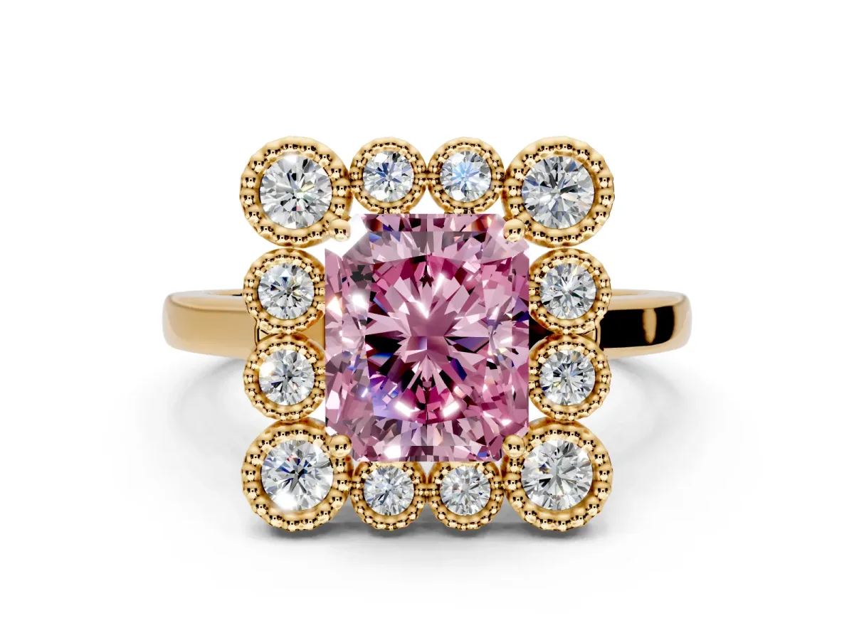 Cluster Halo Engagement Ring Setting for Fancy Pink Radiant Cut Center with Milgrain Bezel Accents and Prong Head in Yellow Gold