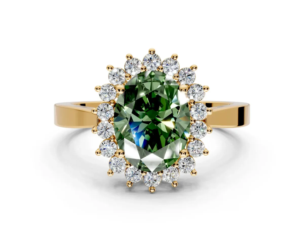 Starburst Halo Engagement Ring Setting for Fancy Green Oval Center with Flat Cathedral Band and Prong Head in Yellow Gold