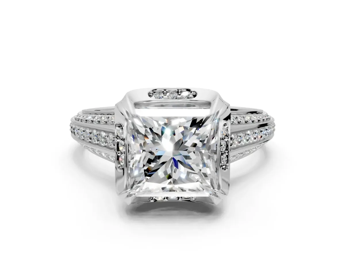 Solitaire Engagement Ring Setting for Princess Cut Center with Accented Split Shank and Prong Head in Platinum