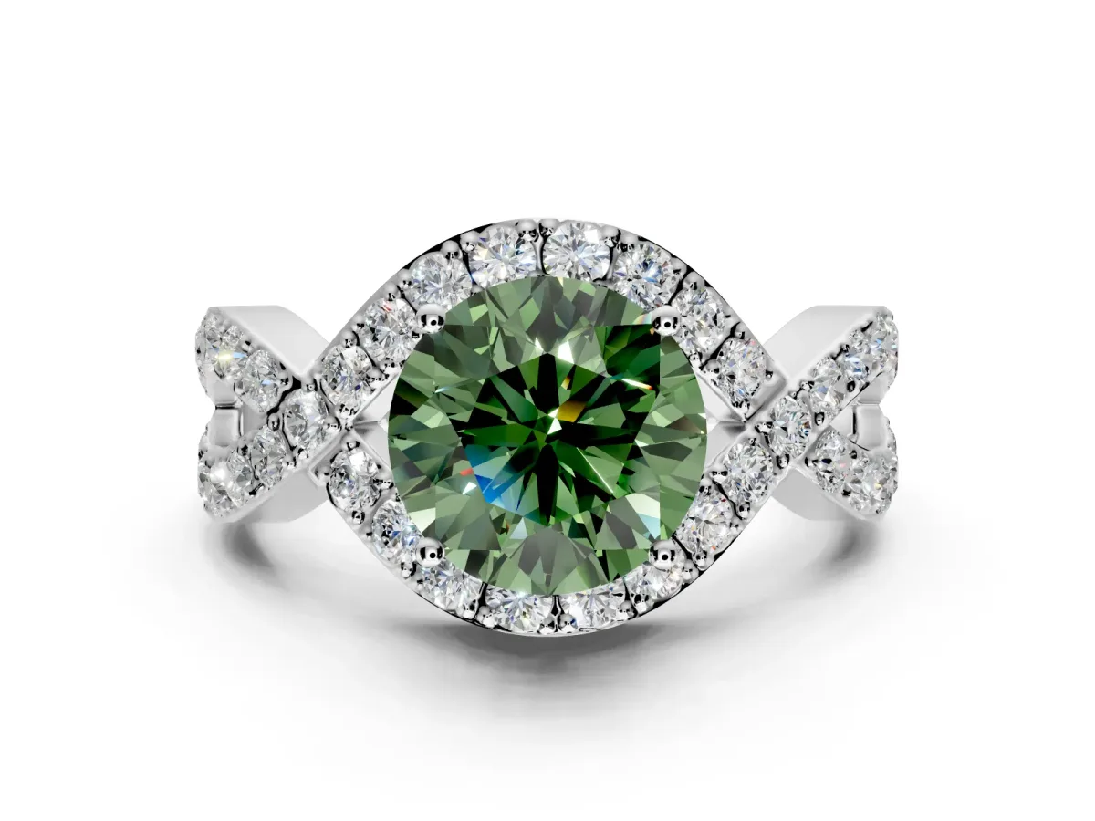 Halo Engagement Ring Setting for Fancy Green Round Cut Center with Pave Infinity Twist Band and Prong Head in White Gold