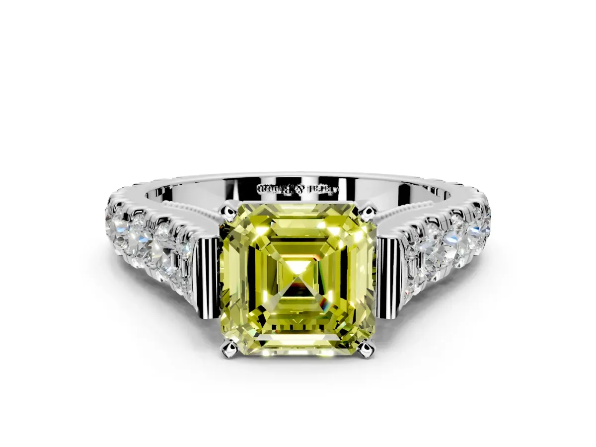 Solitaire Engagement Ring Setting for Fancy Yellow Asscher Cut Center with Pave Cathedral Shoulders and Prong Head in Platinum