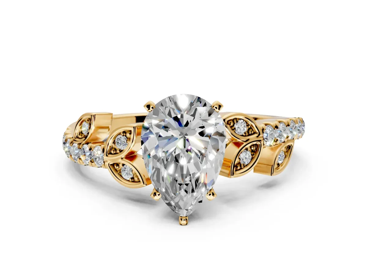 Leaf Motif Engagement Ring Setting for Pear-Shaped Center with Pave Band and Prong Head in Yellow Gold