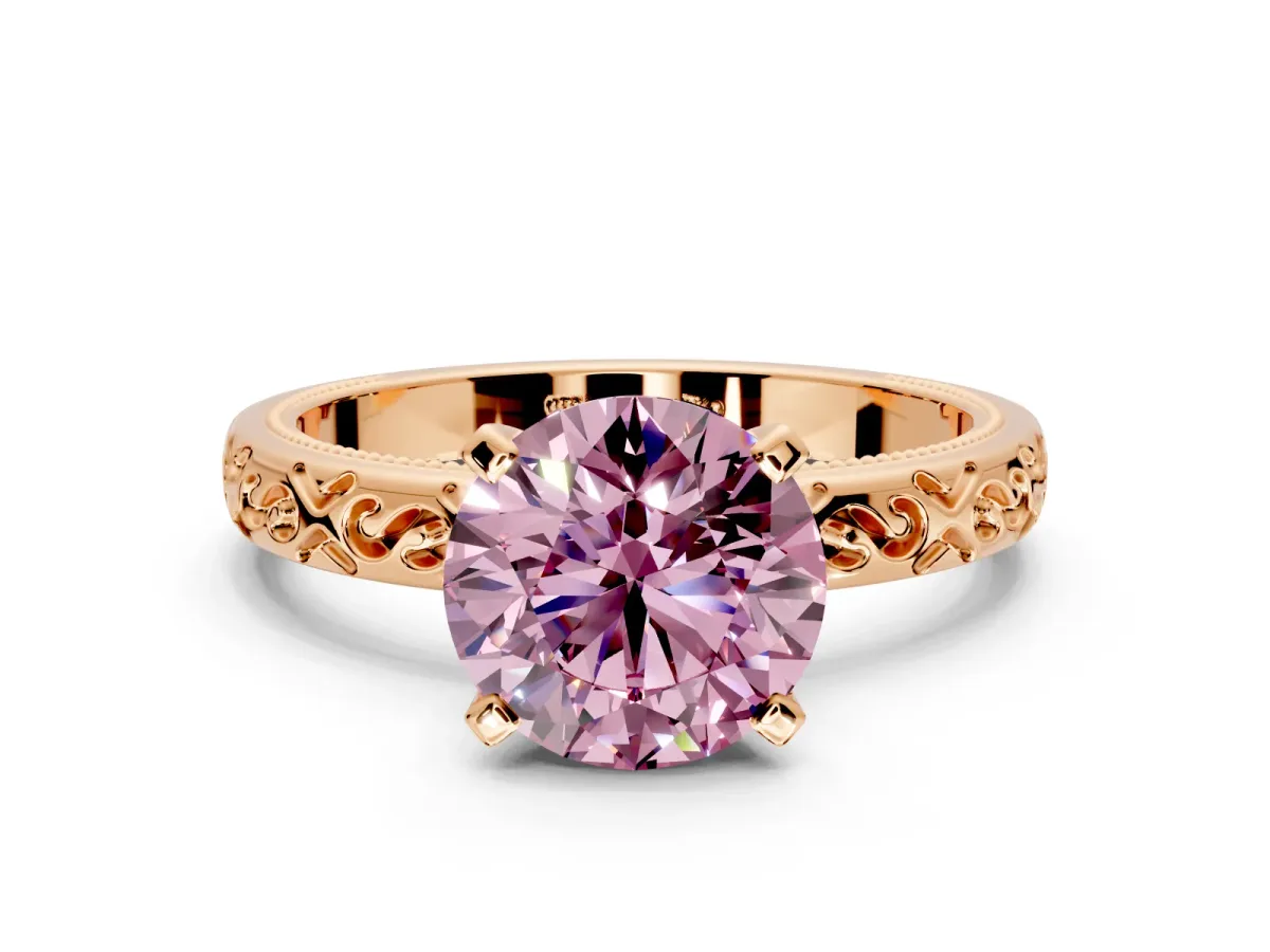 Solitaire Engagement Ring Setting for Fancy Pink Round Cut Center with Scrollwork Band and Prong Head in Rose Gold