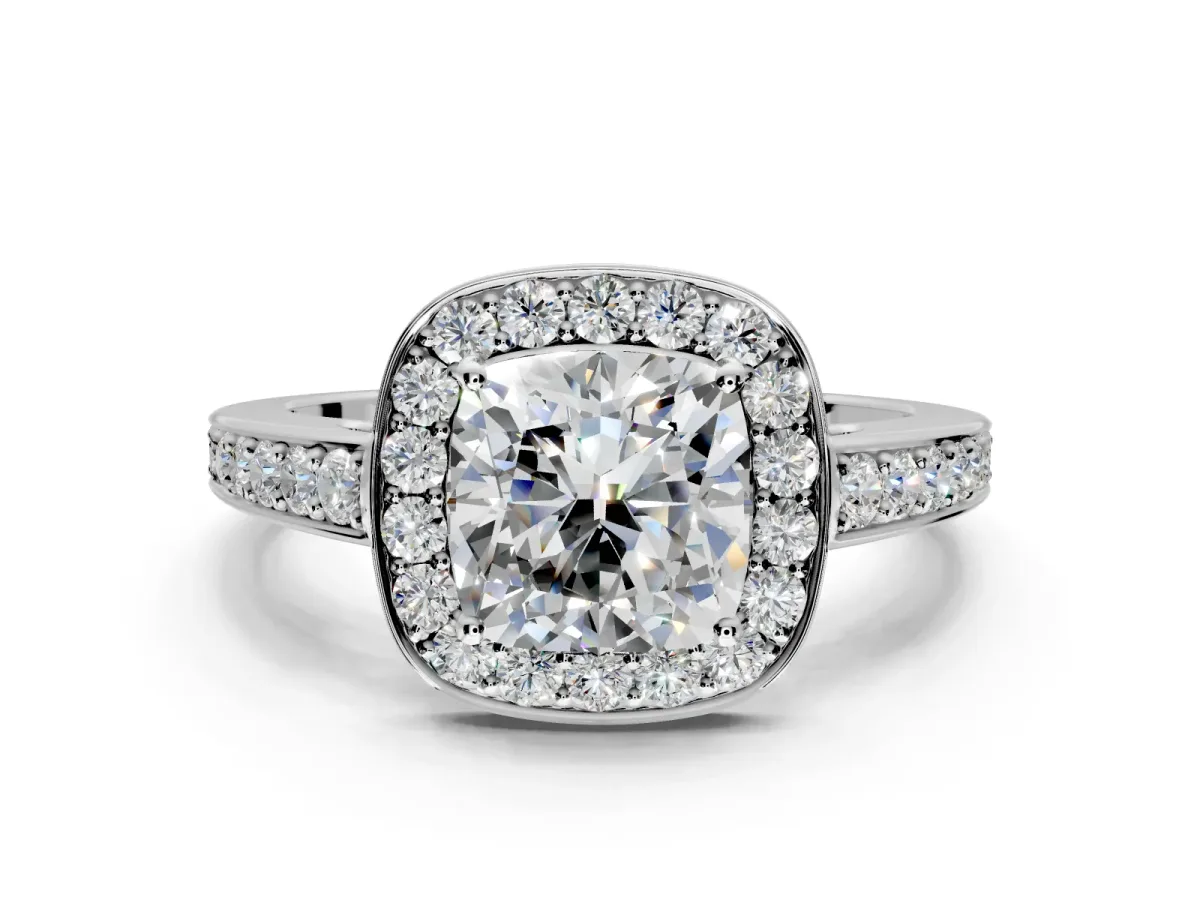 Bezel-Framed Halo Engagement Ring Setting for Cushion Cut Center with Pave Band and Prong Head in Sterling Silver