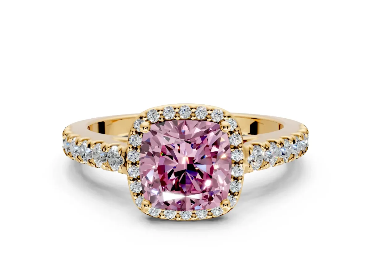 Halo Engagement Ring Setting for Fancy Pink Cushion Cut Center with Full Pave Band and Prong Head in Yellow Gold