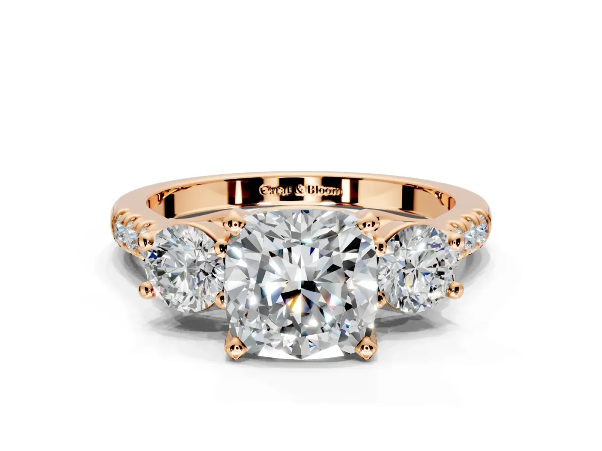 3 Stone Engagement Ring Setting for Cushion Cut Center with Crossover Basket, Pave Band and Prong Head in Rose Gold
