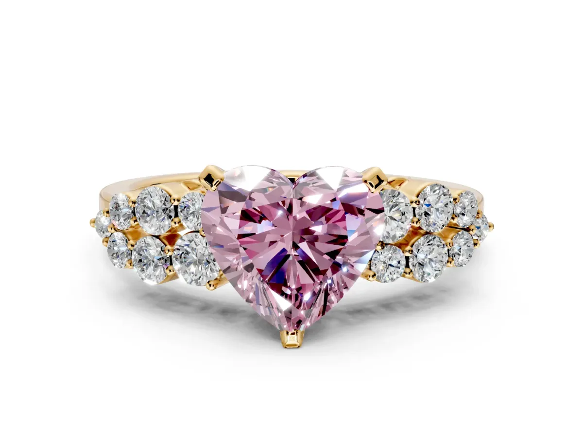 Cluster Engagement Ring Setting for Fancy Pink Heart-Shaped Center with 2-Row Shoulder Clusters and Prong Head in Yellow Gold
