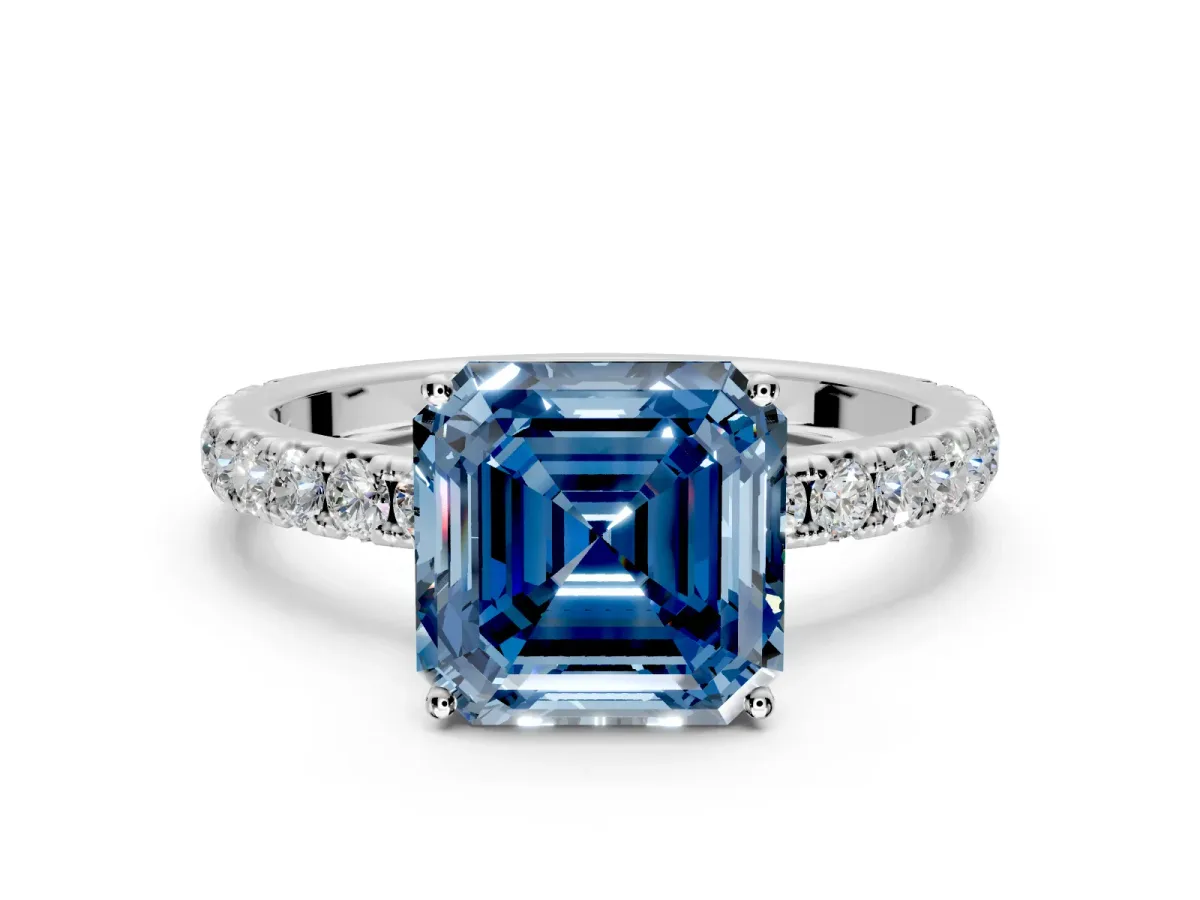 Solitaire Engagement Ring Setting for Fancy Blue Asscher Cut Center with Large Accent Band and Prong Head in Platinum