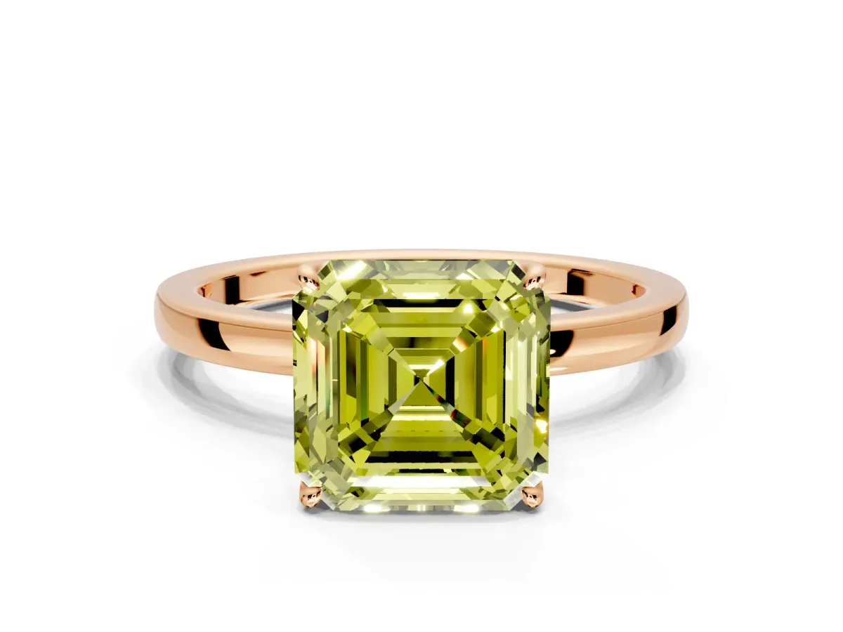 Solitaire Engagement Ring Setting for Fancy Yellow Asscher Cut Center with Thin Rounded Plain Band and Prong Head in Rose Gold