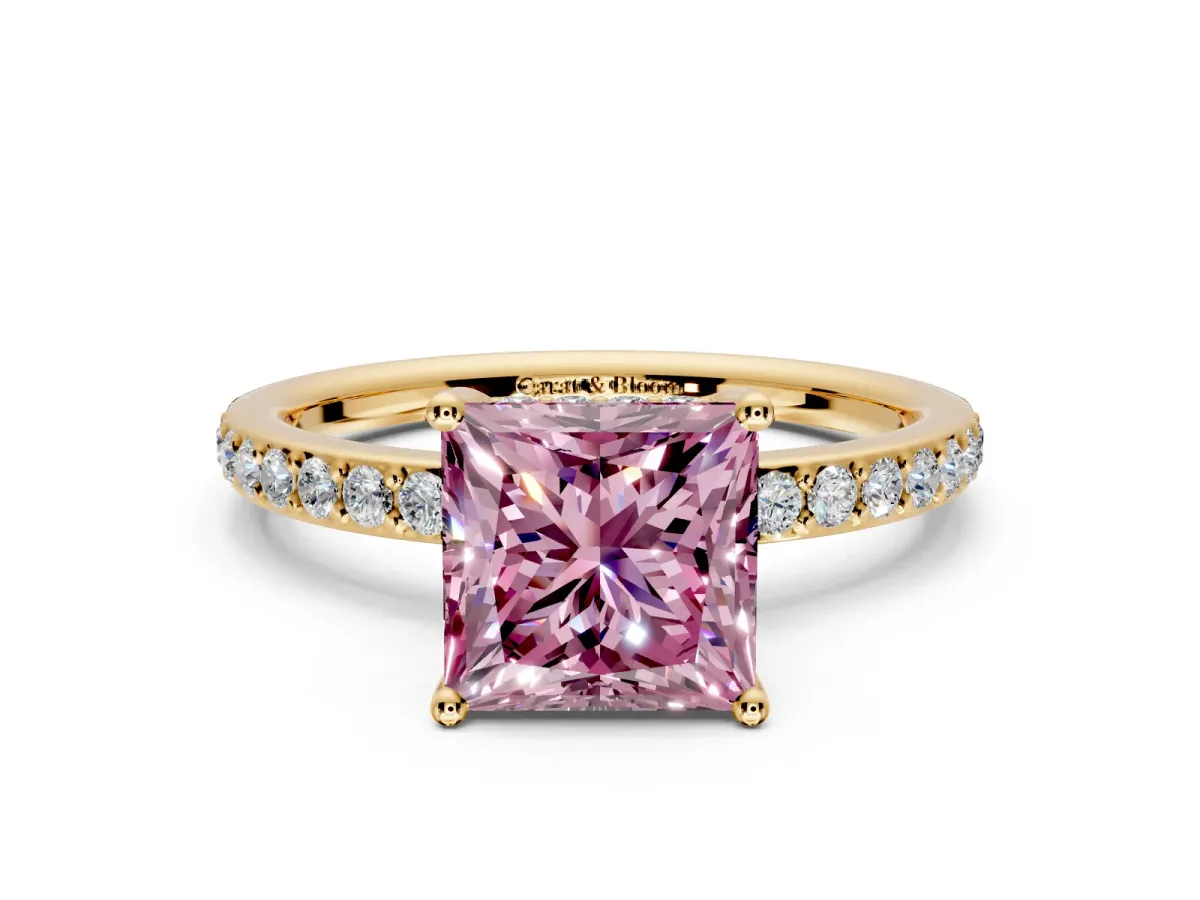 Solitaire Engagement Ring Setting for Fancy Pink Princess Cut Center with Fine Pave Band and Prong Head in Yellow Gold