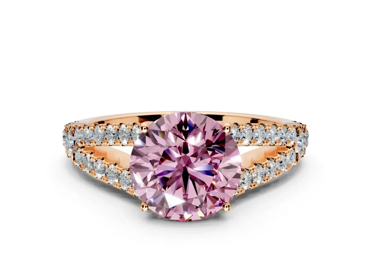 Solitaire Engagement Ring Setting for Fancy Pink Round Cut Center with Pave Split Shank and Prong Head in Rose Gold