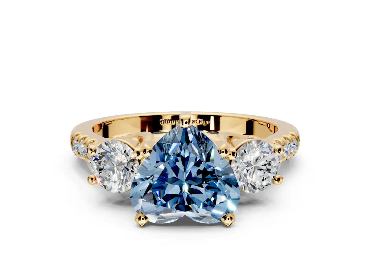 3 Stone Engagement Ring Setting for Fancy Blue Heart-Shaped Center with Crossover Basket, Pave Band and Prong Head in Yellow Gold