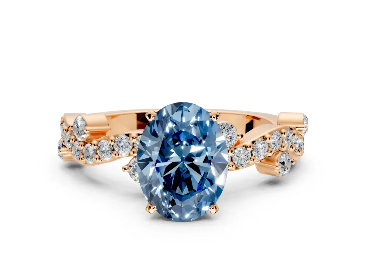 Solitaire Engagement Ring Setting for Fancy Blue Oval Center with Bar-Station Pave Twist and Prong Head in Rose Gold