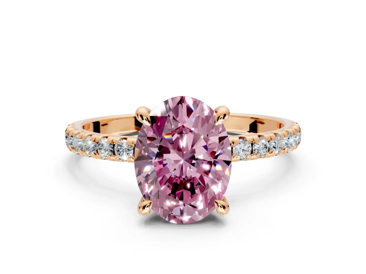 Solitaire Engagement Ring Setting for Fancy Pink Oval Center with Fine Pave Narrow Band and Prong Head in Rose Gold